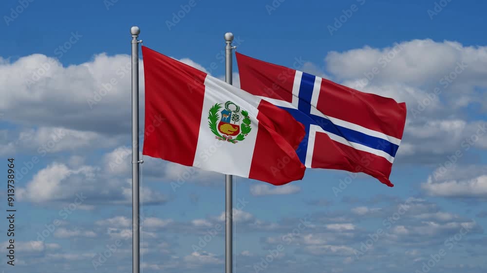 Norway and Peru flags flying together, video concept of the relationship, two country relations concept Norway and Peru flags flying together, video concept of the relationship, two country relations concept