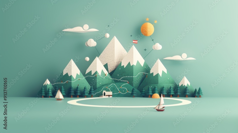 View of A minimalist illustration of a travel map highlighting key points of ...