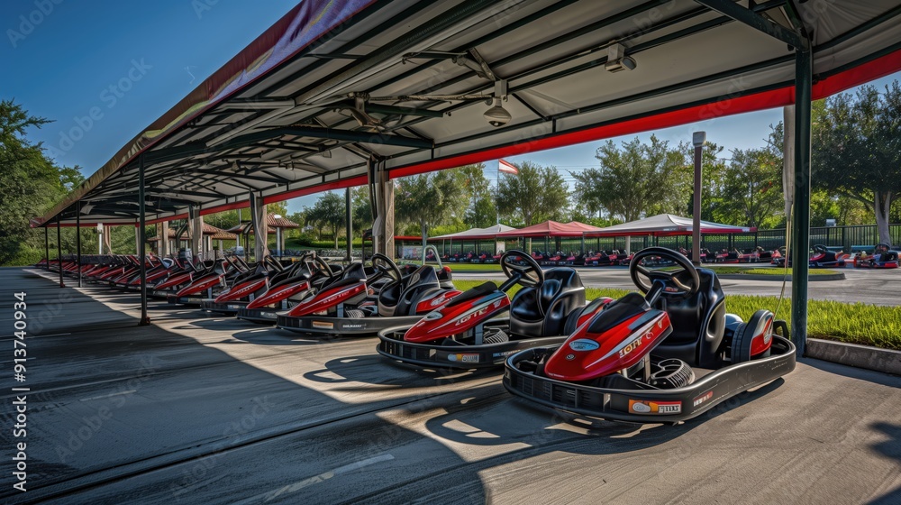 Fototapeta premium Red and black go-karts parked in a long row under a metal canopy at an outdoor racing track on a sunny day.