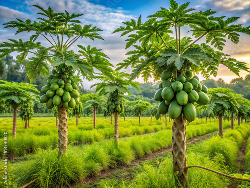 Lush papaya trees laden with unripe green fruit thrive in a vibrant, overgrown field, surrounded by dense wild grass and epitomizing fertile tropical abundance. photo