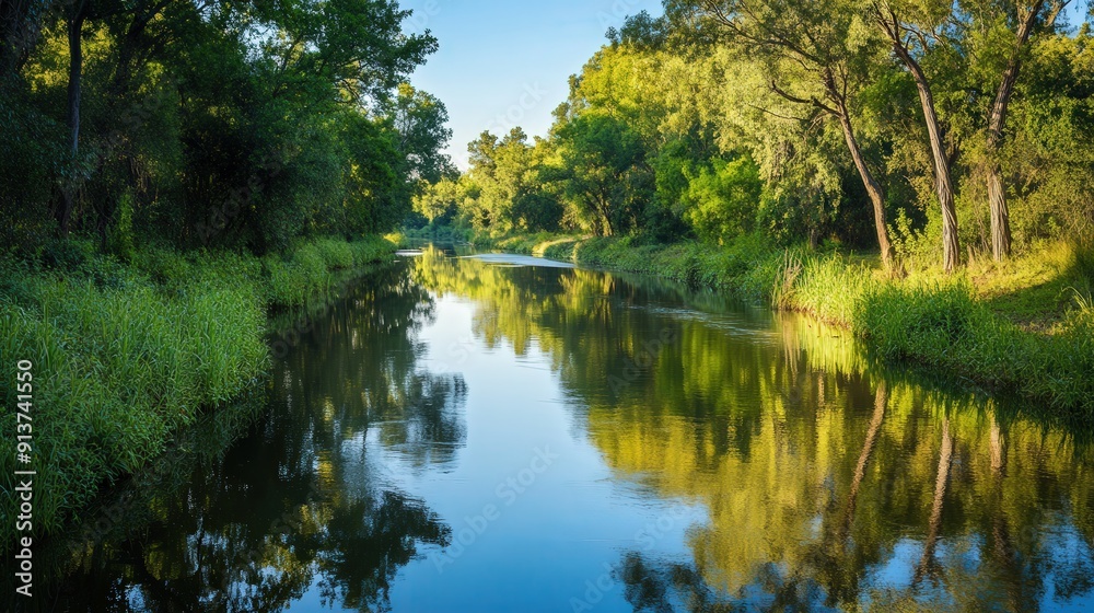Fototapeta premium Tranquil River Reflecting Lush Greenery and Blue Sky