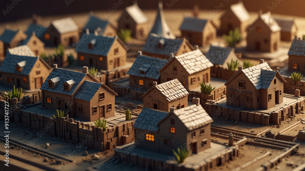 Intricate 3D printed miniature village model with detailed houses and illuminated windows Intricate 3D printed miniature village model with detailed houses and illuminated windows