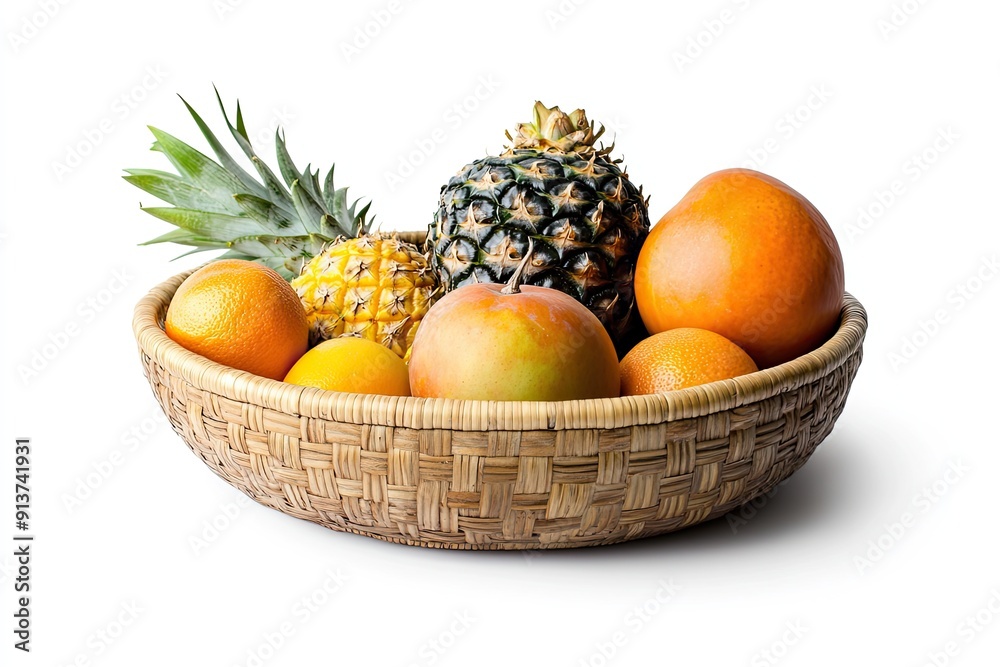 Woven basket with mixed tropical fruits isolated on white background Woven basket with mixed tropical fruits isolated on white background