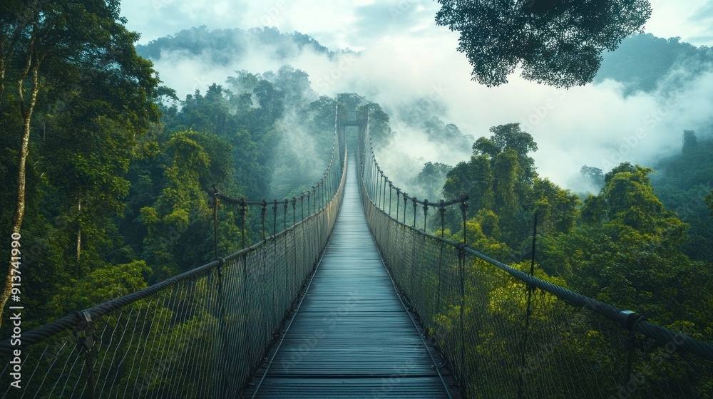 Obraz premium Suspended Wooden Bridge Over Misty Rainforest