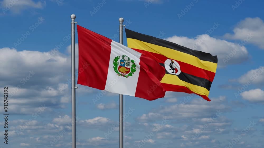 Republic of Uganda and Peru flags flying together, video concept of the relationship, two country cooperation concept Republic of Uganda and Peru flags flying together, video concept of the relationship, two country cooperation concept