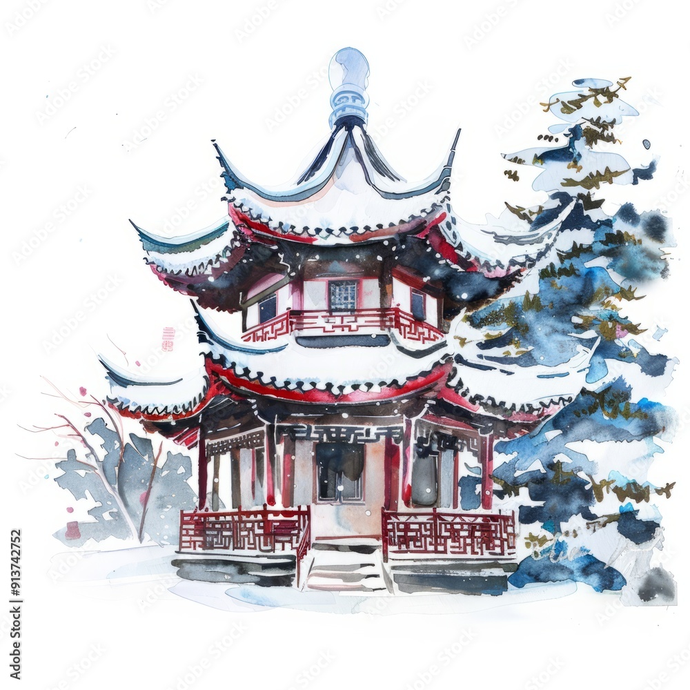 Watercolor painting of a snow-covered temple, on isolated white background Watercolor painting of a snow-covered temple, on isolated white background