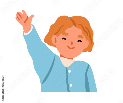 Girl waving hi gesture, greeting with happy smile. Adorable cute kid with arm up, saying hello. Excited friendly joyful child character. Flat vector illustration, isolated on white background