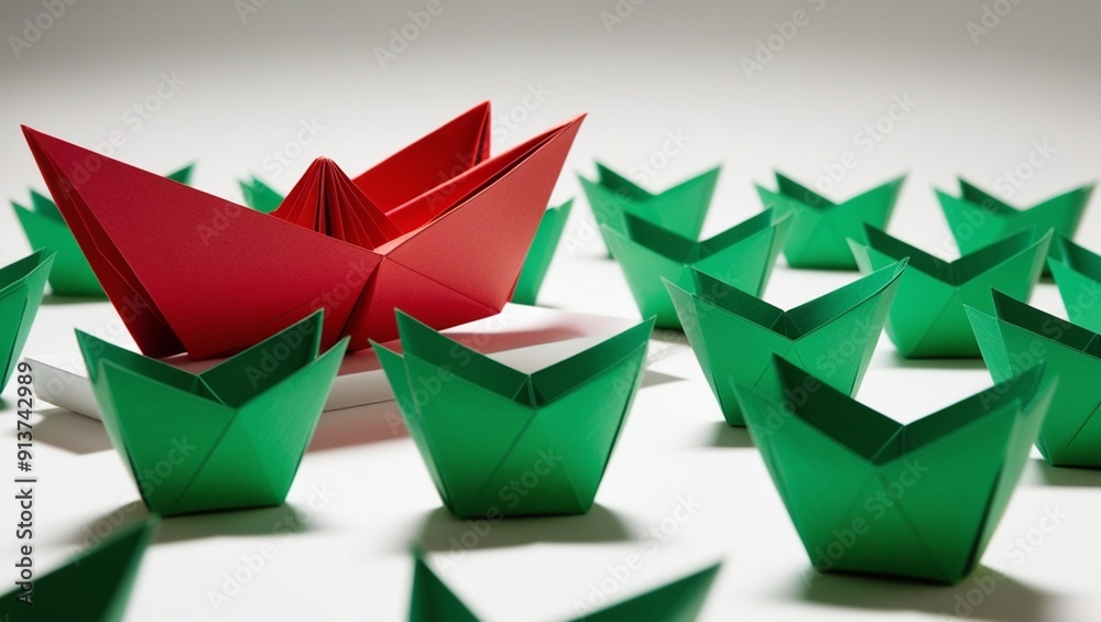 Leadership concept with red paper ship leading among green origami boats Leadership concept with red paper ship leading among green origami boats
