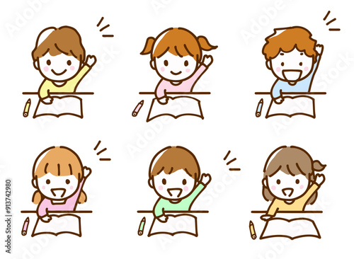 元気に手を上げて勉強している男の子と女の子のイラスト
