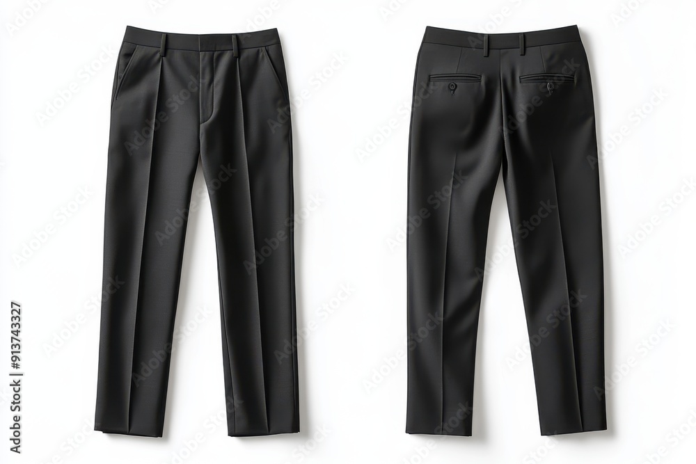 Front and back view of black dress pants on white background