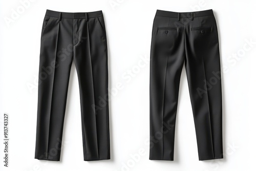 Front and back view of black dress pants on white background