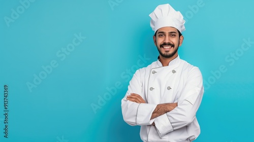 Smiling chef in white uniform and hat standing confidently against a bright blue background. Concepts of culinary expertise, hospitality, and food industry professionalism.