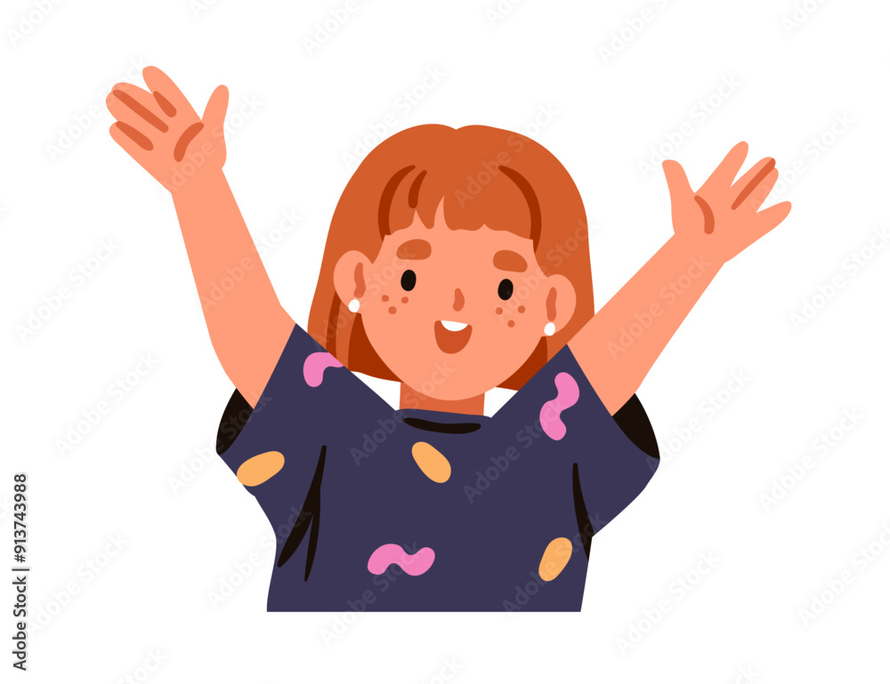 Happy smiling girl celebrating with smile and arms, hands up. Cute joyful kid character. Child with excited and cheerful emotion, joy expression. Flat vector illustration isolated on white background Happy smiling girl celebrating with smile and arms, hands up. Cute joyful kid character. Child with excited and cheerful emotion, joy expression. Flat vector illustration isolated on white background