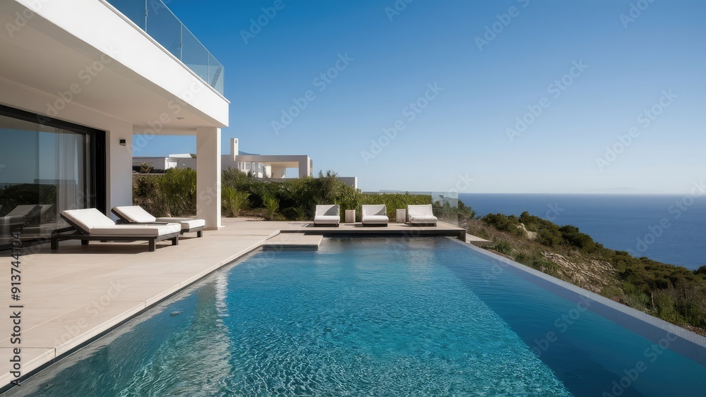 a modern villa with an infinity pool overlooking. a modern villa with an infinity pool overlooking.