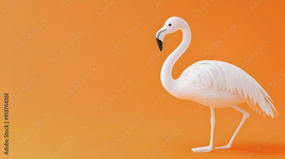 Naklejka premium Captivating White Flamingo Bird Posed Against Vibrant Orange Background