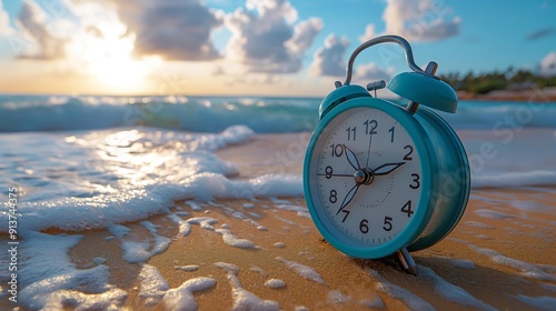 retro alarm clock on sand beach