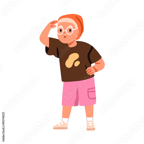 Surprised kid looking at distance. Cute curious excited child, shocked boy in glasses watching far away, exploring, seeking with hand at forehead. Flat vector illustration isolated on white background