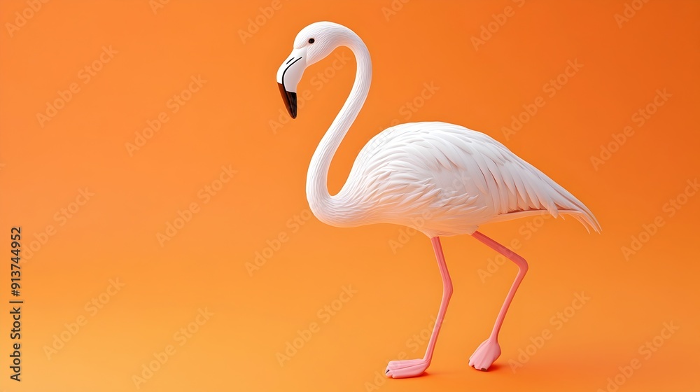 Fototapeta premium Elegant Flamingo Bird Posing on Vibrant Orange Minimalist Background