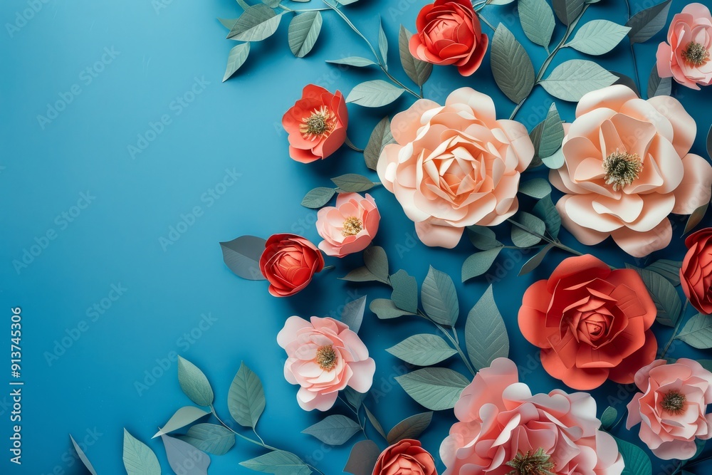 A colorful arrangement of paper flowers on a blue background perfectly A colorful arrangement of paper flowers on a blue background perfectly