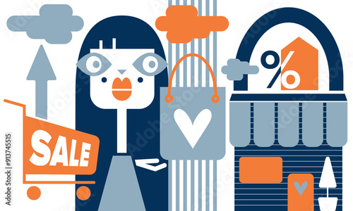 Shopping concept abstract flat illustration. Girl with shopping cart, shopping bag near market. Graphic shopping elements. Sale.