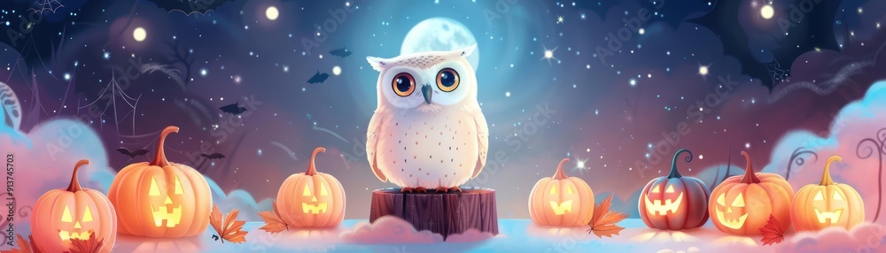 Obraz premium Podium under moonlight, owl sitting, eerie yet charming Halloween scene, Watercolor style