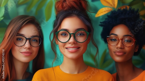 A vibrant portrait of three smiling women with glasses