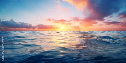 Spectacular abstract image of a scenic calm ocean, sunrise sky reflecting in the water. Sunset and natural.