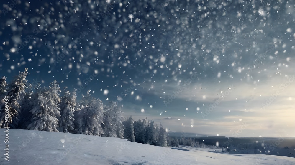 Natural Winter Christmas tree background with blue sky, heavy snowfall, snowflakes in different shapes and forms, snowdrifts. Winter landscape with falling christmas shining beautiful snow. Natural Winter Christmas tree background with blue sky, heavy snowfall, snowflakes in different shapes and forms, snowdrifts. Winter landscape with falling christmas shining beautiful snow.