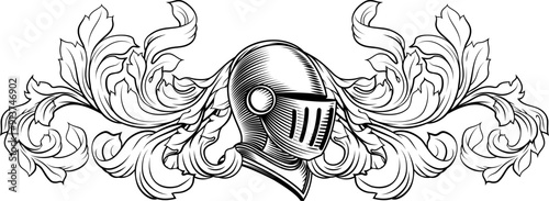 Coat of arms crest knight family medieval shield heraldry heraldic armorial motif. Featuring a knights helm helmet in a vintage etching engraving woodcut style