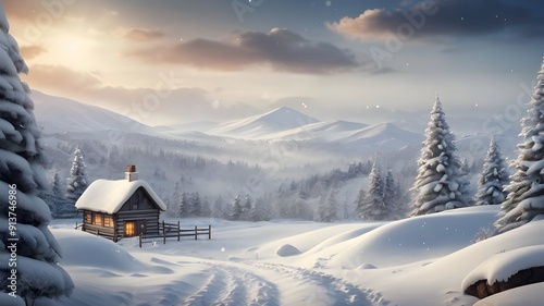 Natural Winter Christmas tree background with blue sky, heavy snowfall, snowflakes in different shapes and forms, snowdrifts. Winter landscape with falling christmas shining beautiful snow.