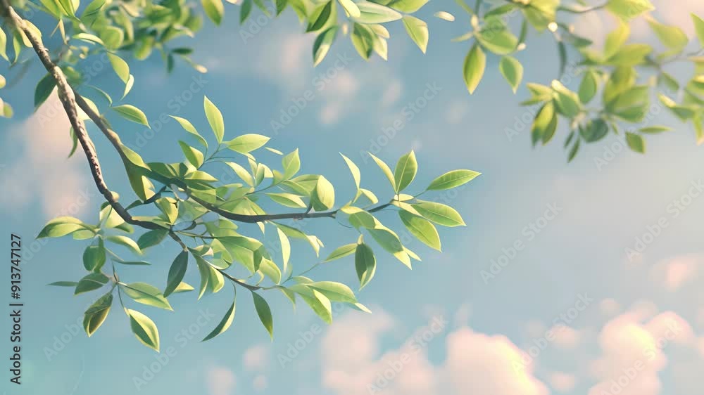 Green leaves and branches with blue sky and white clouds Green leaves and branches with blue sky and white clouds