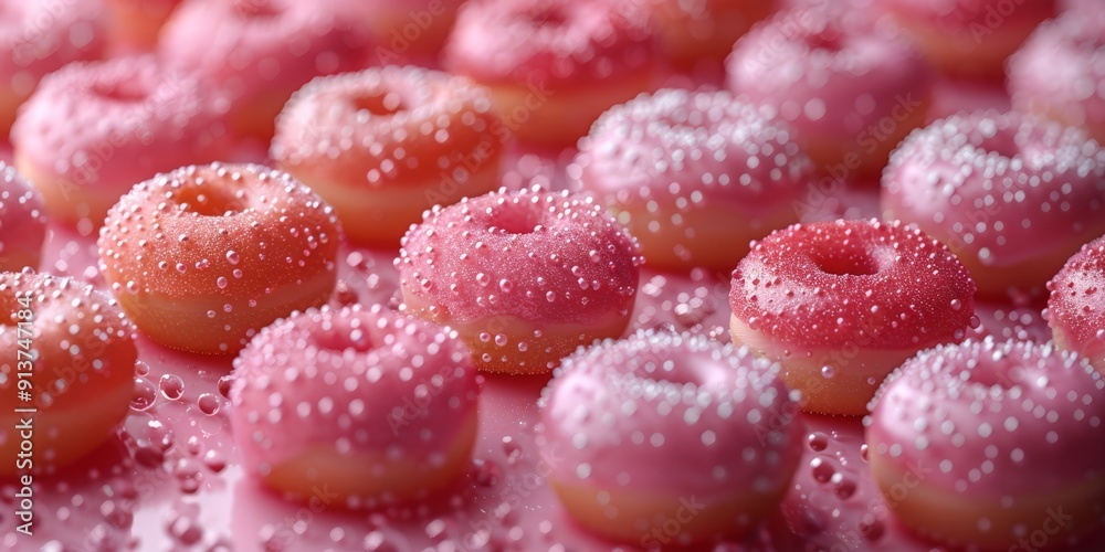 Pink frosted mini donuts with decorative pearls on a pink background, ideal for festive celebrations and dessert presentations. Pink frosted mini donuts with decorative pearls on a pink background, ideal for festive celebrations and dessert presentations.