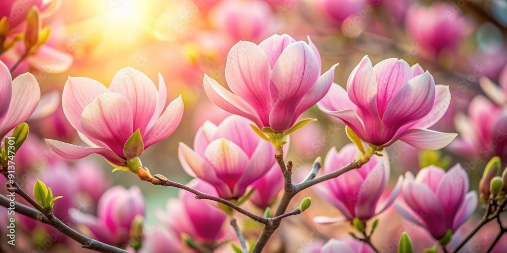 Obraz premium Close up of beautiful pink magnolia flowers blooming in spring, magnolia, pink, flowers, blooming, spring, garden, petals