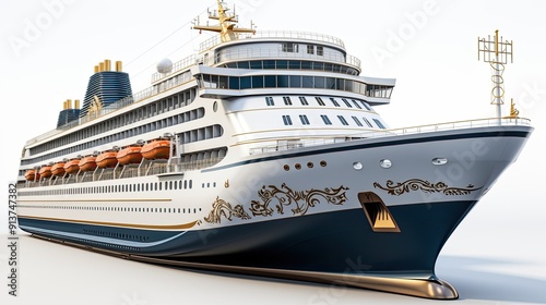 Large cruise ship with lifeboats and gold accents. Suitable for travel brochures, vacation websites, or maritime industry presentations.