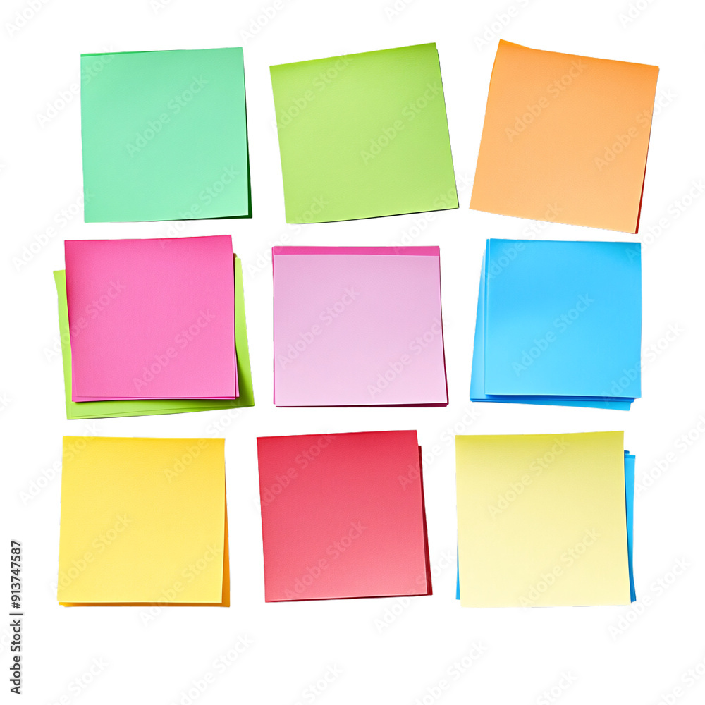 A vibrant collection of sticky notes arranged neatly in a grid pattern, showcasing various colors including green, yellow, pink, and blue against a clean white backdrop A vibrant collection of sticky notes arranged neatly in a grid pattern, showcasing various colors including green, yellow, pink, and blue against a clean white backdrop