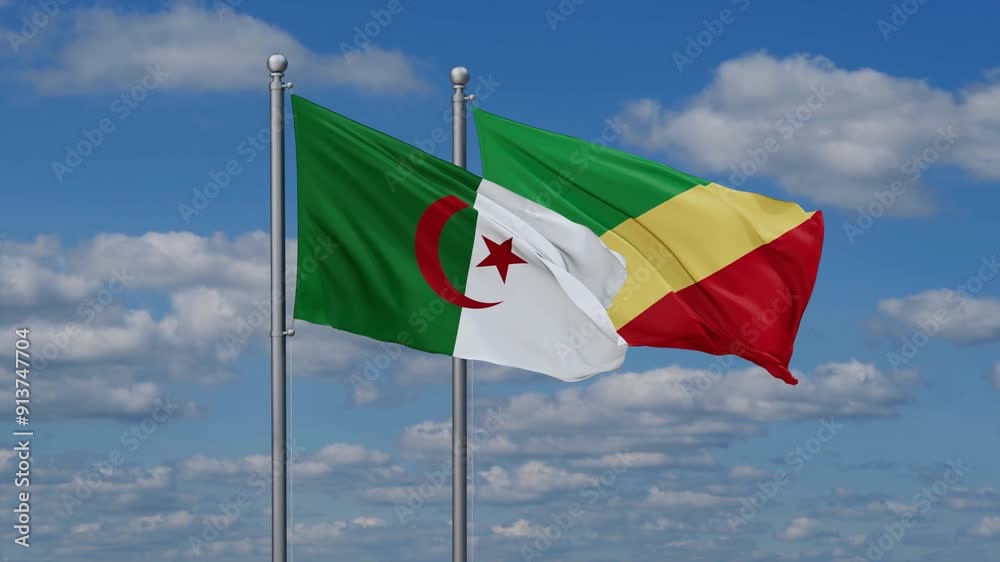 Republic of the Congo and Algeria flags flying together, video concept of the relationship, two country relations concept Republic of the Congo and Algeria flags flying together, video concept of the relationship, two country relations concept