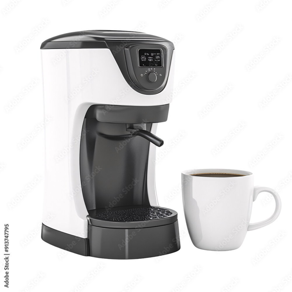 A sleek coffee maker brews a fresh cup, accompanied by a white mug filled with coffee, illustrating a cozy morning routine in a contemporary kitchen A sleek coffee maker brews a fresh cup, accompanied by a white mug filled with coffee, illustrating a cozy morning routine in a contemporary kitchen