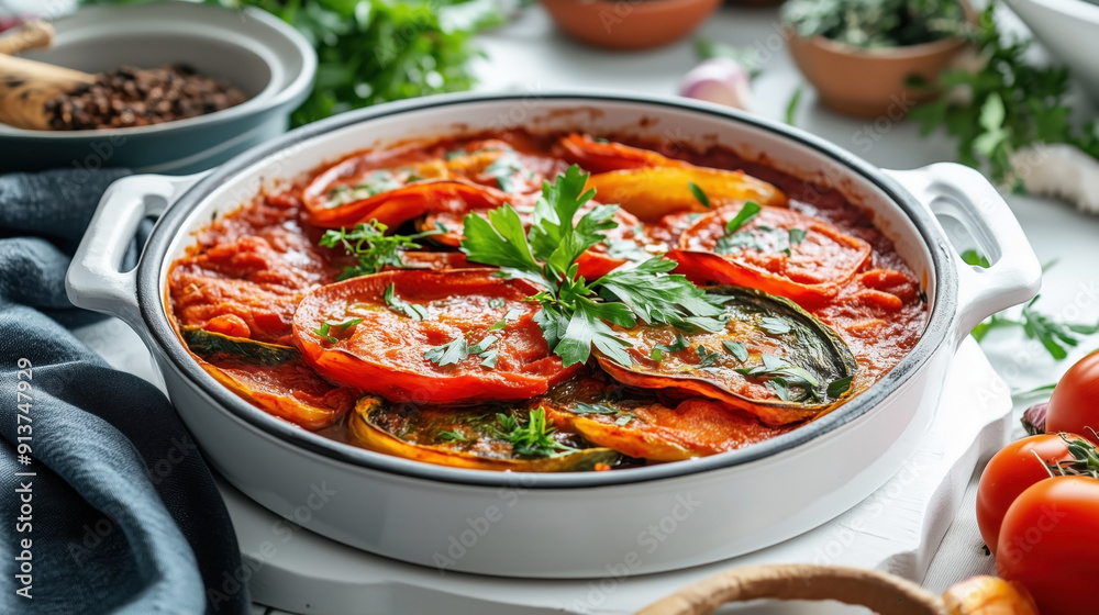 Traditional French food Ratatouille. A colorful medley of vegetables such as tomatoes, zucchinis, and eggplants arranged in a circular pattern in a tomato-based sauce.
