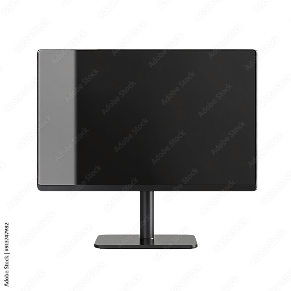 A sleek black computer monitor stands on a simple base, its screen dark, set against a minimalistic background of a contemporary office space A sleek black computer monitor stands on a simple base, its screen dark, set against a minimalistic background of a contemporary office space