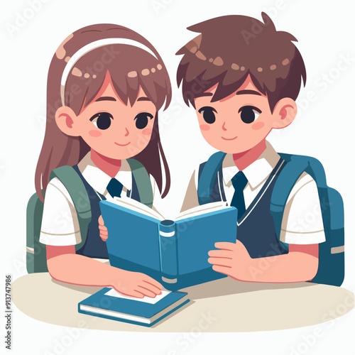 Smiling school children boys and girls with backpacks and books set isolated vector illustration