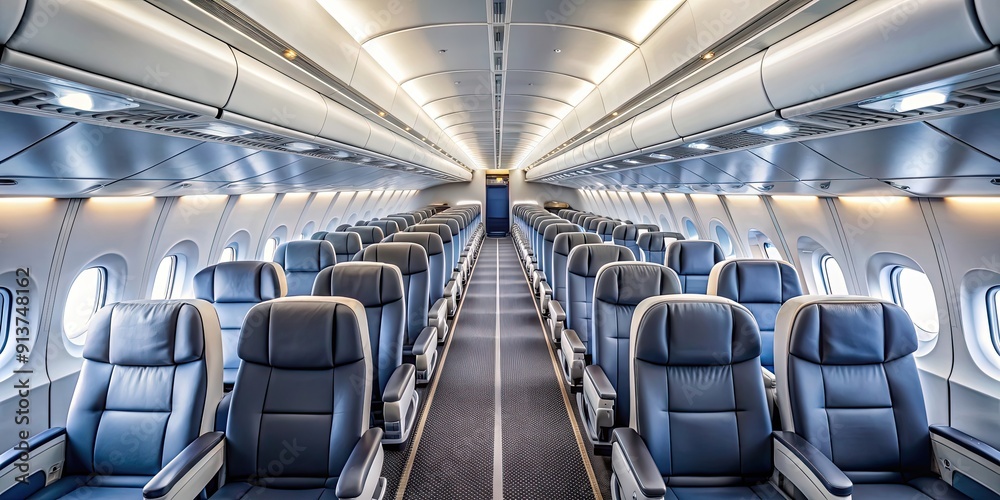 Fototapeta premium Passenger plane interior with seating, overhead bins, and aisle, airplane, cabin, aircraft, travel
