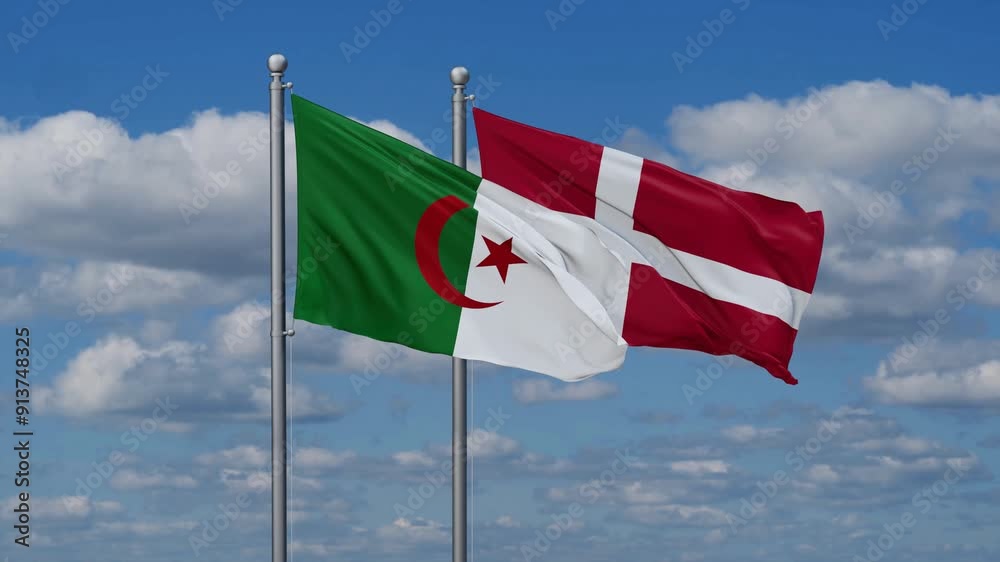 Denmark and Algeria flags flying together, video concept of the relationship, two country relations concept Denmark and Algeria flags flying together, video concept of the relationship, two country relations concept