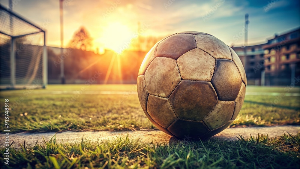 Fototapeta premium Close up of an old soccer ball resting on the grass of a vintage football field, old, soccer ball, vintage, football field