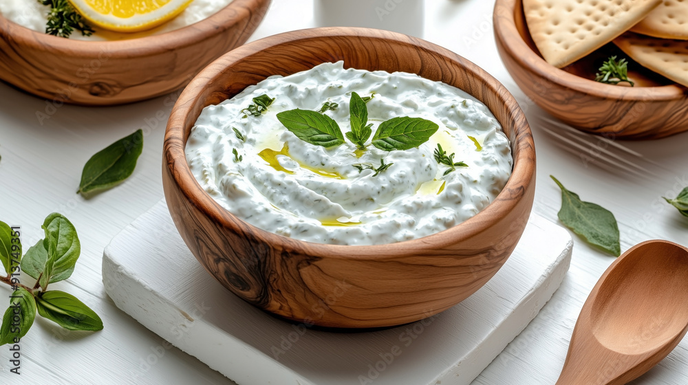 Traditional Greek food Tzatziki. A creamy yogurt-based dip with cucumber, garlic, dill, and olive oil, garnished with mint leaves, served in a wooden bowl. Traditional Greek food Tzatziki. A creamy yogurt-based dip with cucumber, garlic, dill, and olive oil, garnished with mint leaves, served in a wooden bowl.