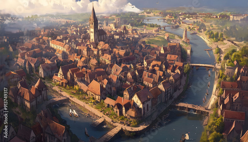 An aerial illustration of a medieval village with a river flowing through