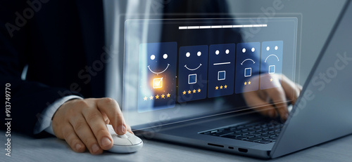 Photography Man in suit gives leave feedback on the bought product with five star rating