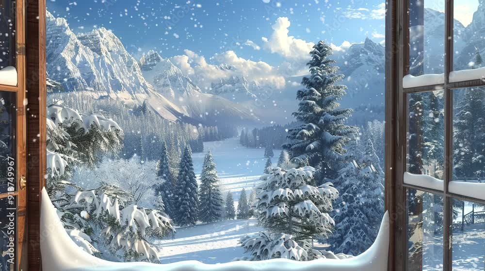 Window view of a winter valley landscape with a pine forest, creating a picturesque and serene winter scene
 Seamless looping 4k time-lapse virtual video animation Generated AI