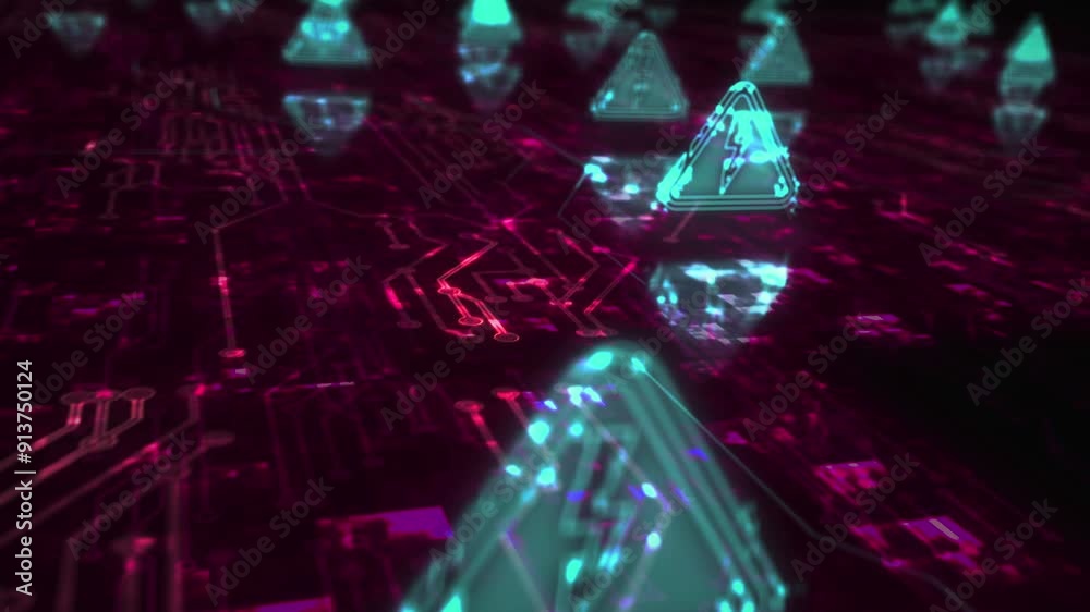 Electric power danger warning and energy symbol abstract cyber concept. Digital technology and computer background seamless and looped 3d animation.