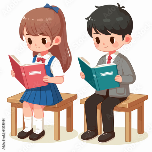 Smiling school children boys and girls with backpacks and books set isolated vector illustration