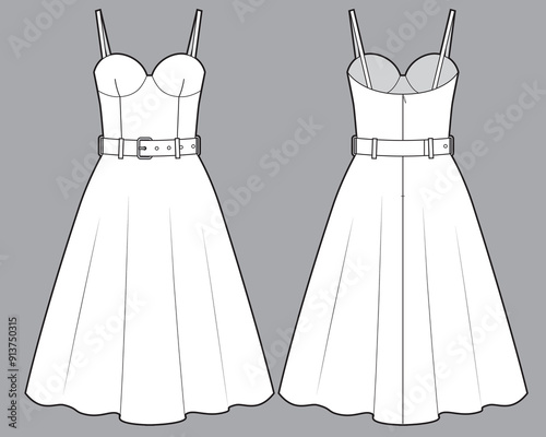 Flared dress with bustier technical sketch